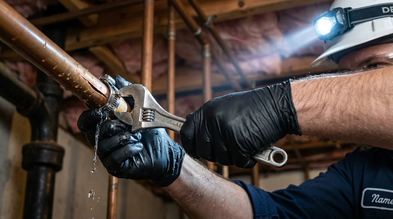 Emergency pipe clamp repair being performed by a Johns Plumbing LLC plumber in Avon Park