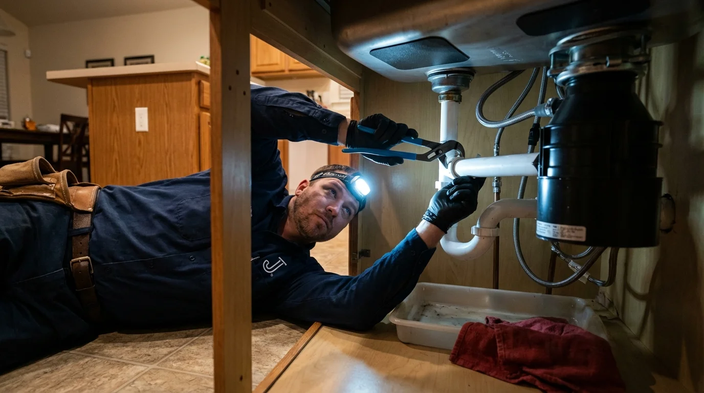P-trap and supply line connections under a kitchen sink showing a common leak point in Avon Park, FL